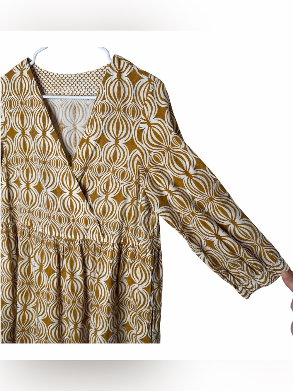 Toast UK Cross Front Yellow Seed Pod Block Print Midi Dress Size Small Cotton - Picture 5 of 11